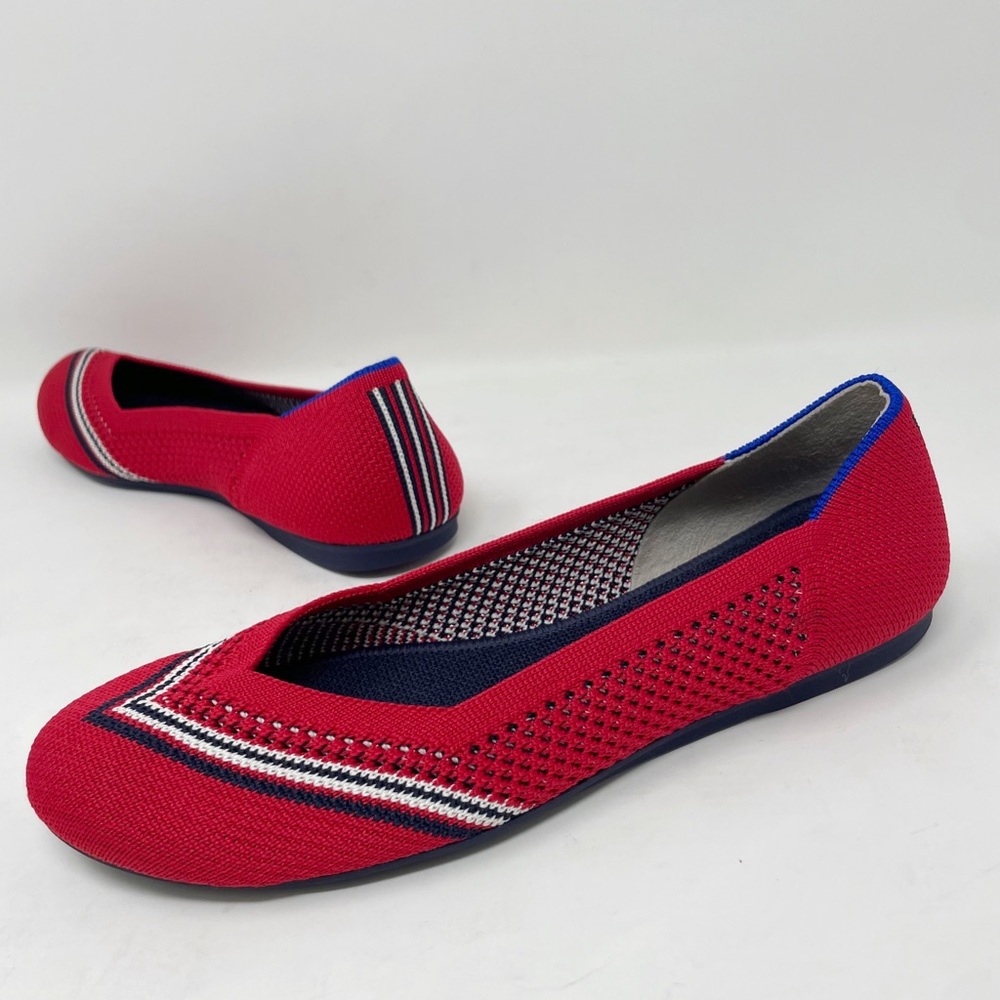 Rothy’s Round Toe Flats Cherry Red with Navy & White Stripe Retired New - Picture 3 of 5